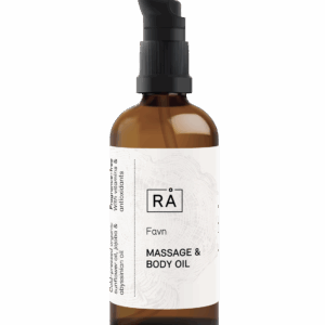 Flaske med eksklusiv olje fra RÅ Skincare med jojoba og antioksidanter for økt spenst og glød.