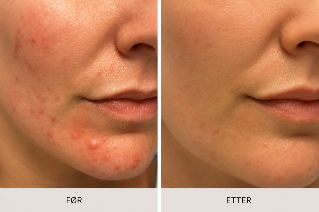 Kundeerfaring på Perioral dermatitt. Kundens rødhet og utslett er borte på etterbildene