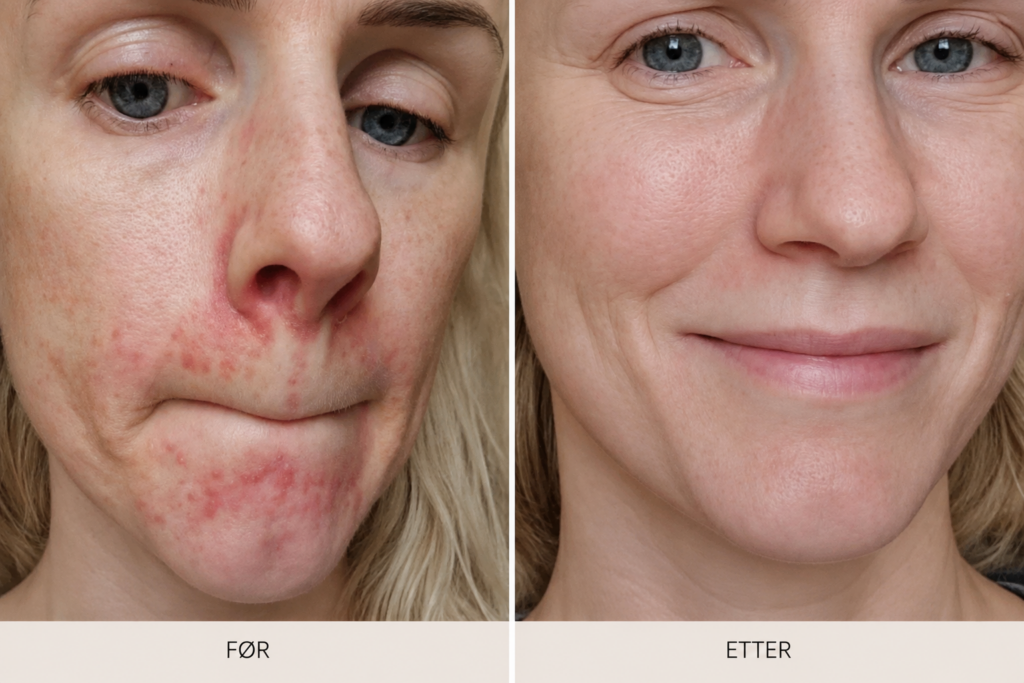 før og etterbilde av en norsk kunde som har brukt rå skincare for å dempe utbruddet av perioral dermatitt