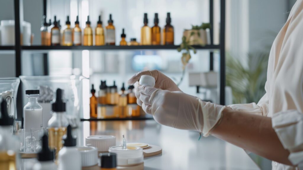 Bilde v farmasøyt fra laboratorie som viser ingredienser