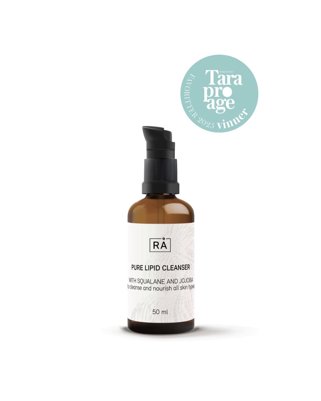 Bilde av prisvinnende pure lipid cleanser sammen med vinner logo fra Tara pro age