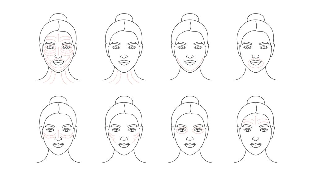 Illustrasjon av et ansikt med piler av hvordan du bruker en gua-sha eller ansiktsrull