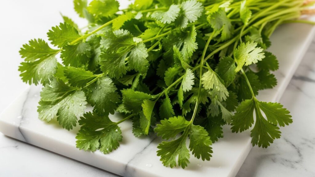 Fersk koriander på marmorplate