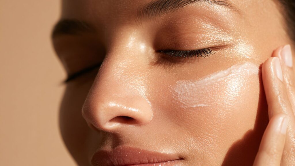 kvinne påfører krem rundt øye