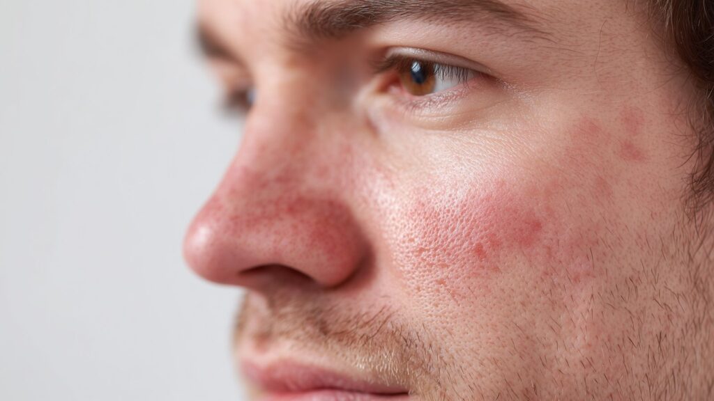 Nærbilde ansikt av mann med rosacea og sensitiv hud