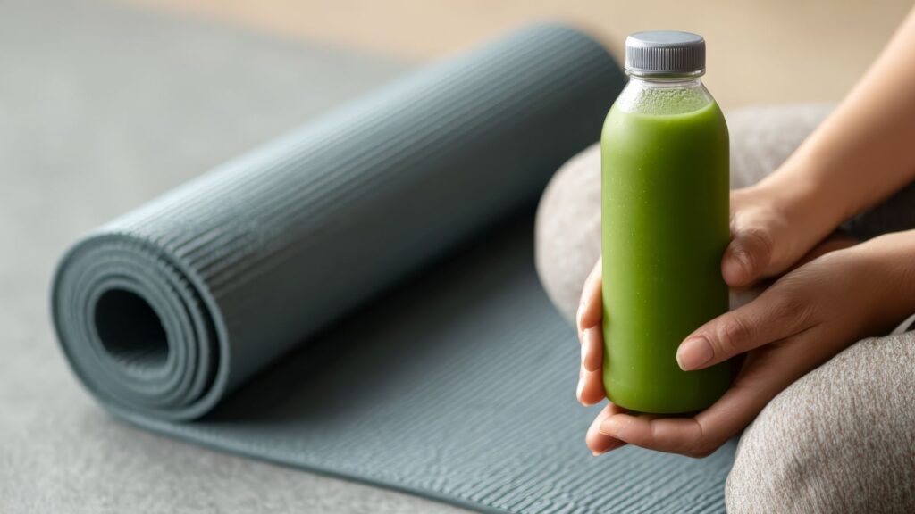 Hender som holder en flaske med sellerijus med ingefær og sitron og sitter på en yogamatte