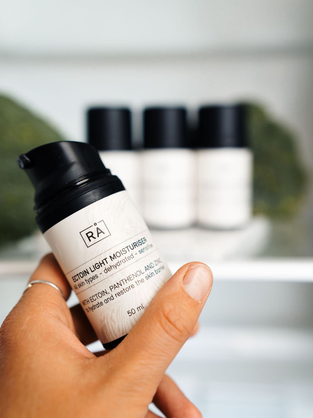 Ectoin Light Moisturiser from RÅ Skincare is removed from the refrigerator before use.
